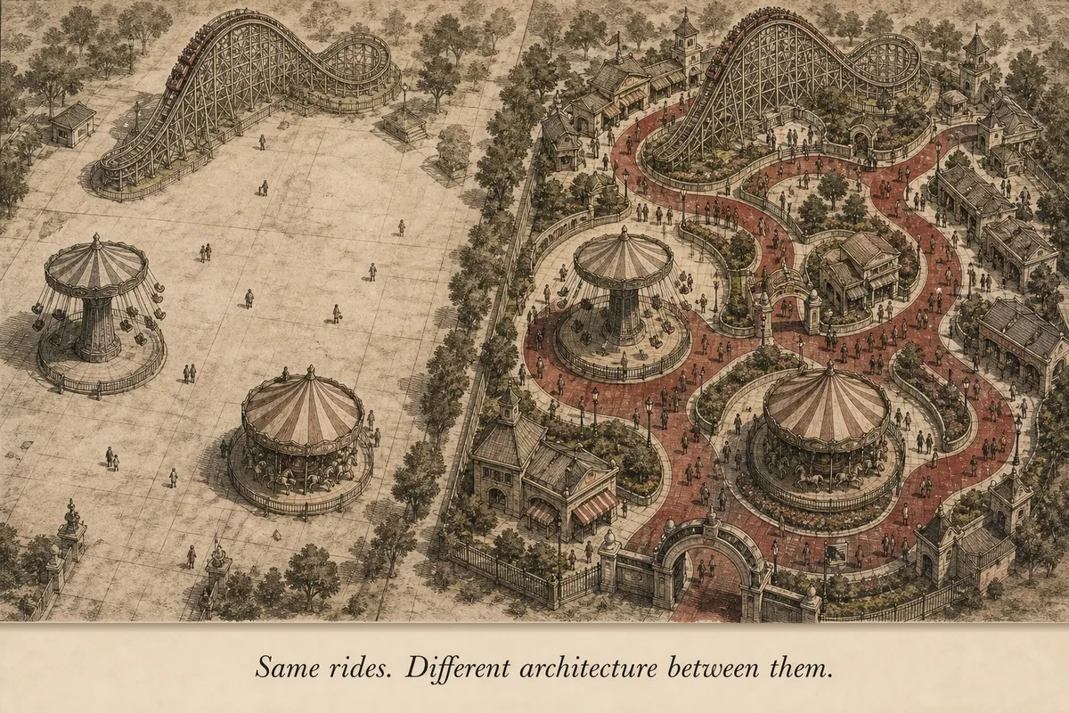 An amusement park viewed from above — one side has rides separated by empty concrete, the other side has the same rides connected by winding themed pathways with shops and signs — all the guests are on the connected side