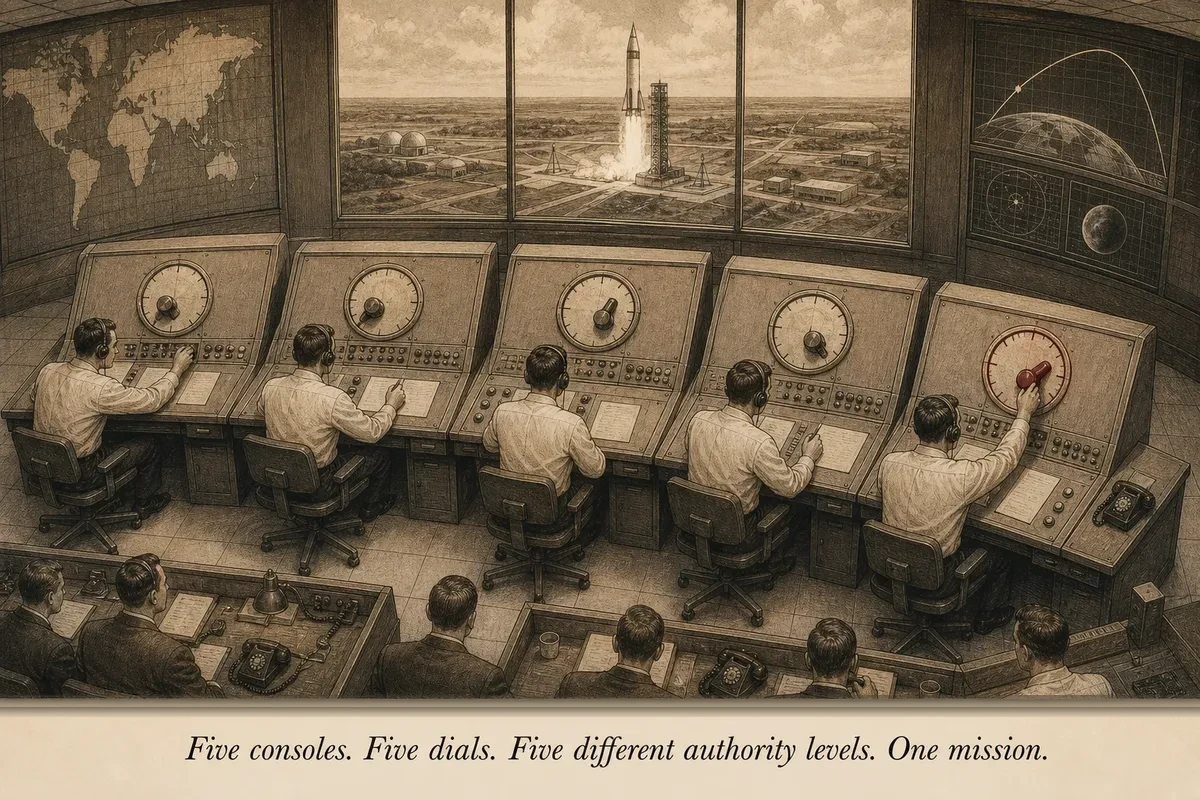 A mid-century mission control room with five consoles, each staffed by a different person — a dial on each console ranges from 'check first' to 'act freely,' each set to a different position