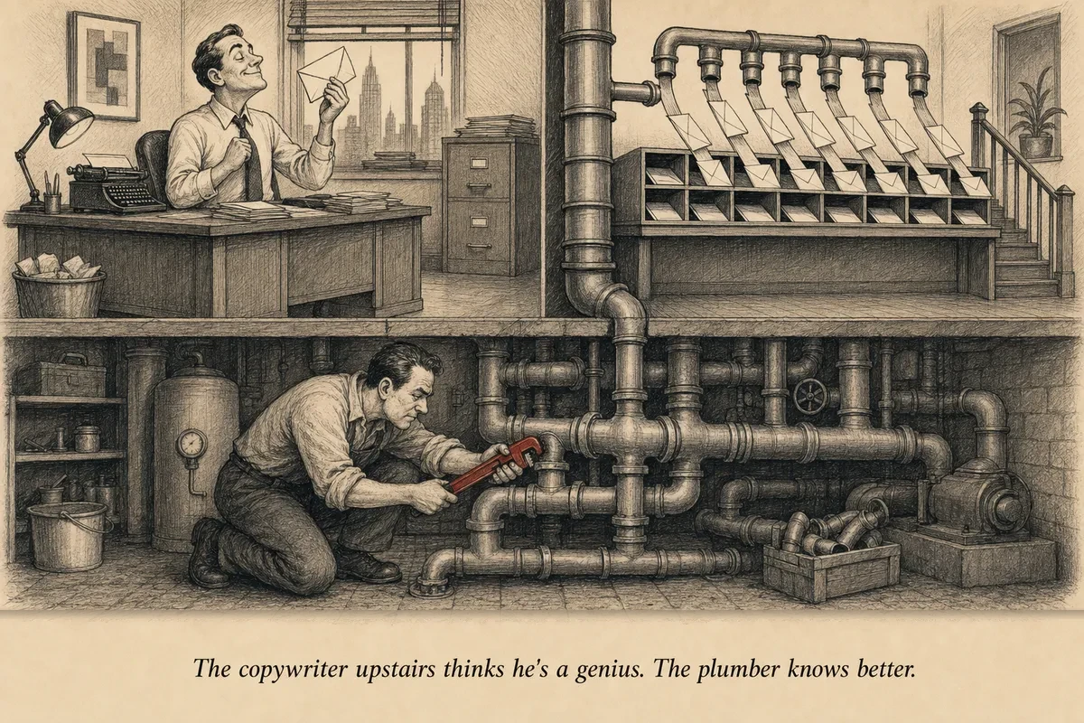 An operator carefully adjusts pipes beneath a building while beautiful letters pour out of the pipes into a mailroom upstairs
