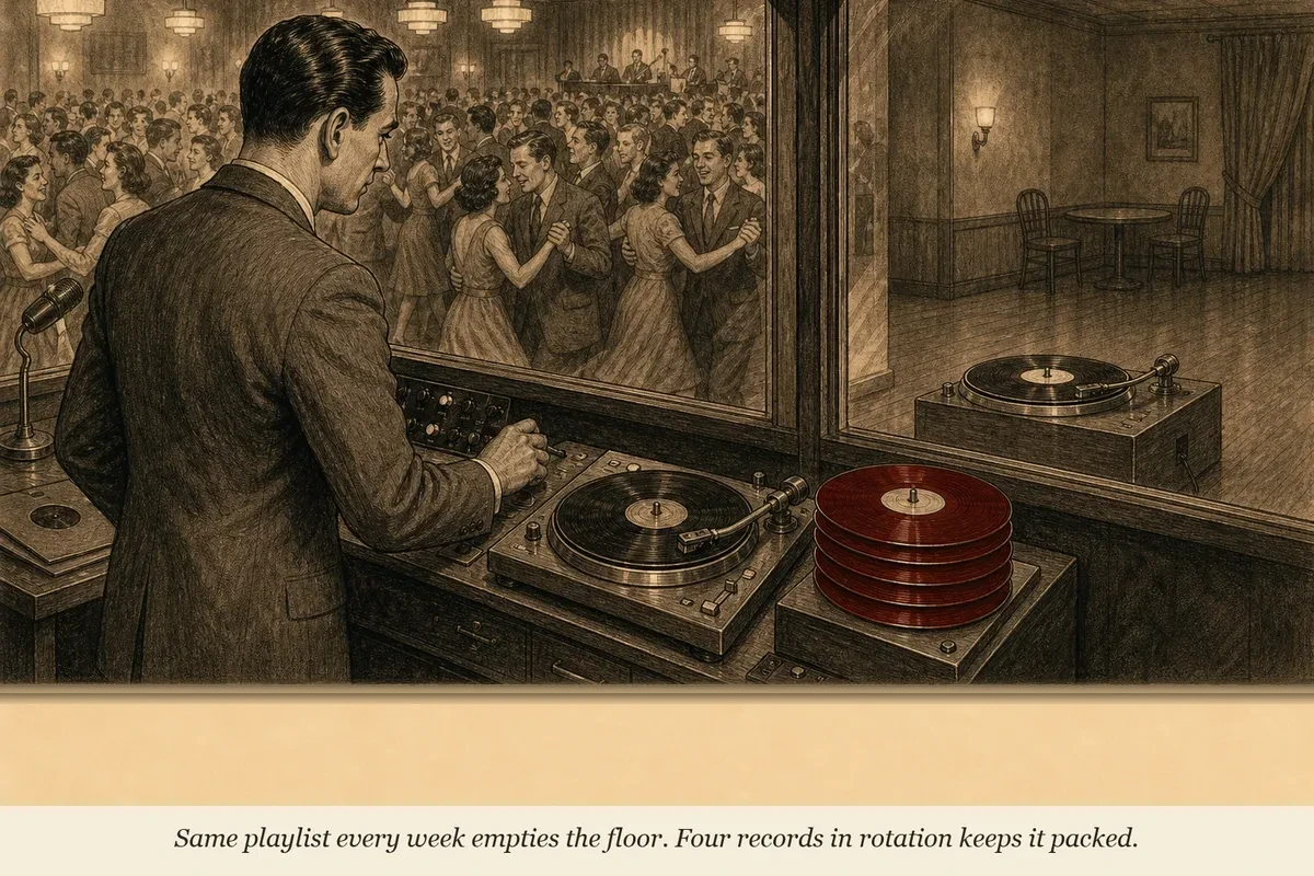 A DJ at a turntable with four records labeled with different types, mixing them in rotation while the dance floor stays packed