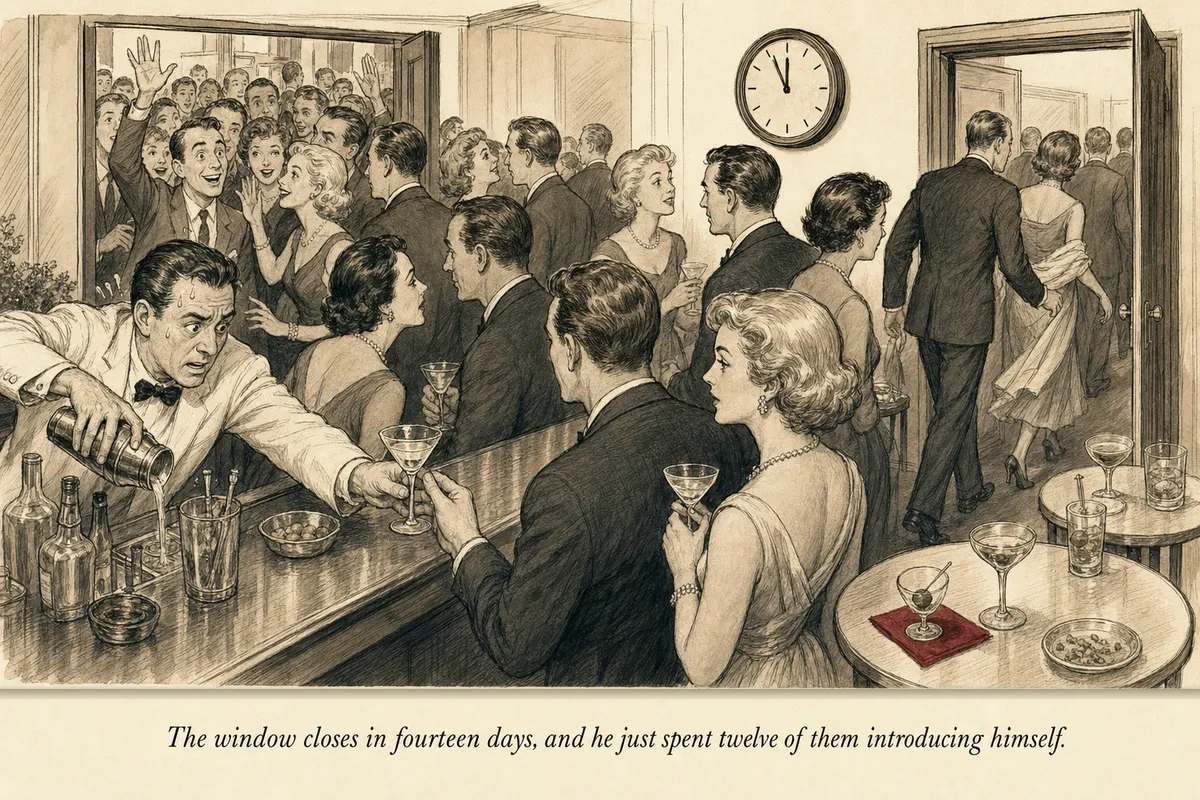 An operator frantically serving cocktails to a crowd at a party, with guests already heading for the door in the background