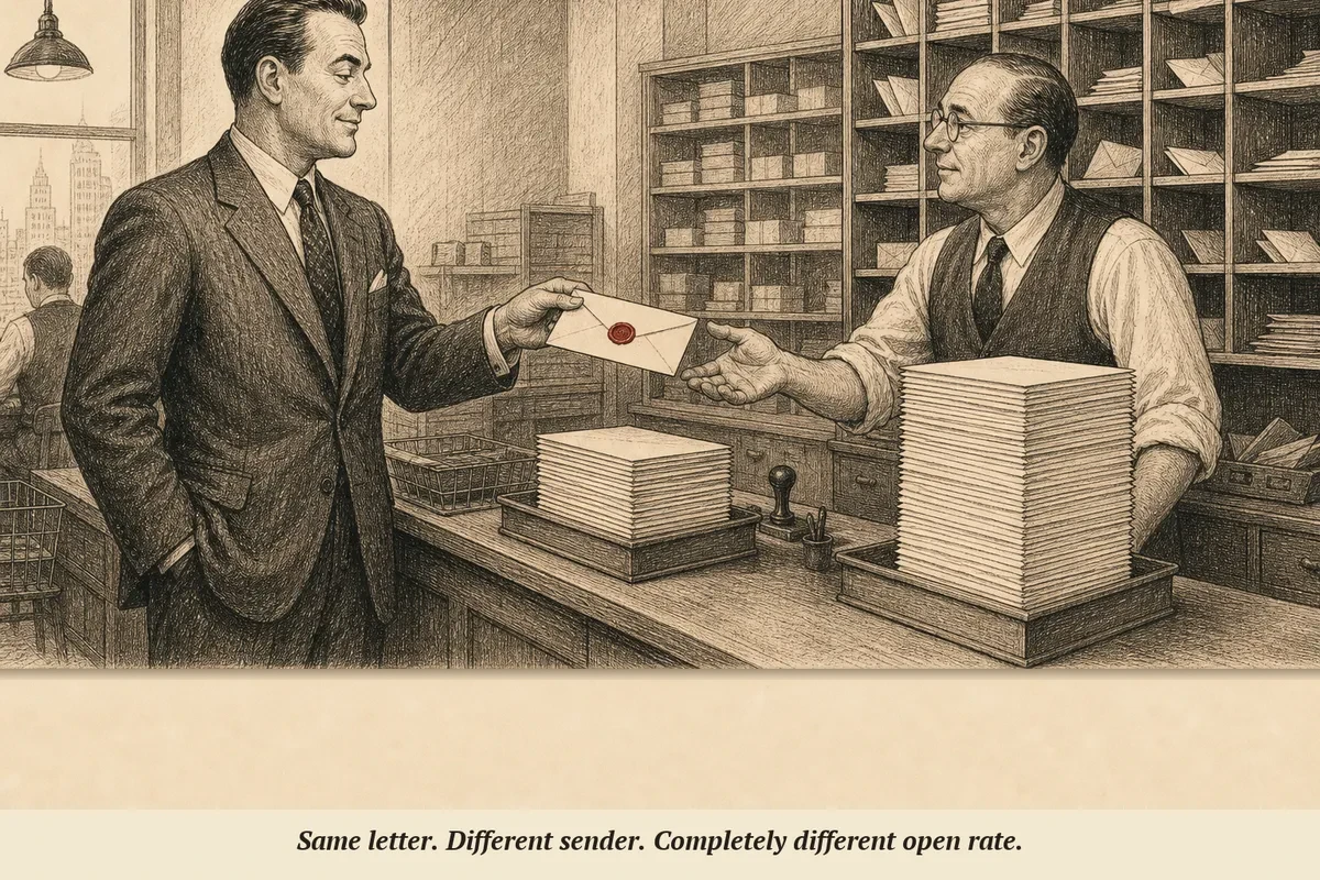 A creator hands a sealed letter with their personal wax seal to an operator, who places it on top of a stack of identical plain envelopes