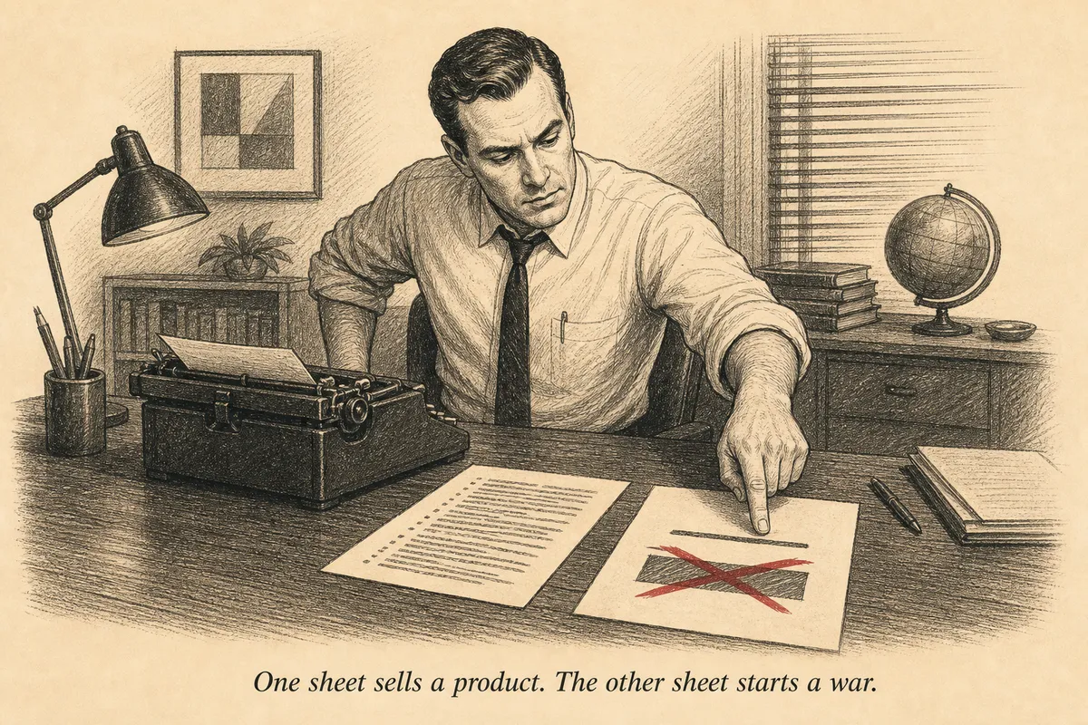A mid-century copywriter at a typewriter with two sheets of paper — one listing product features, the other with a single name crossed out in red
