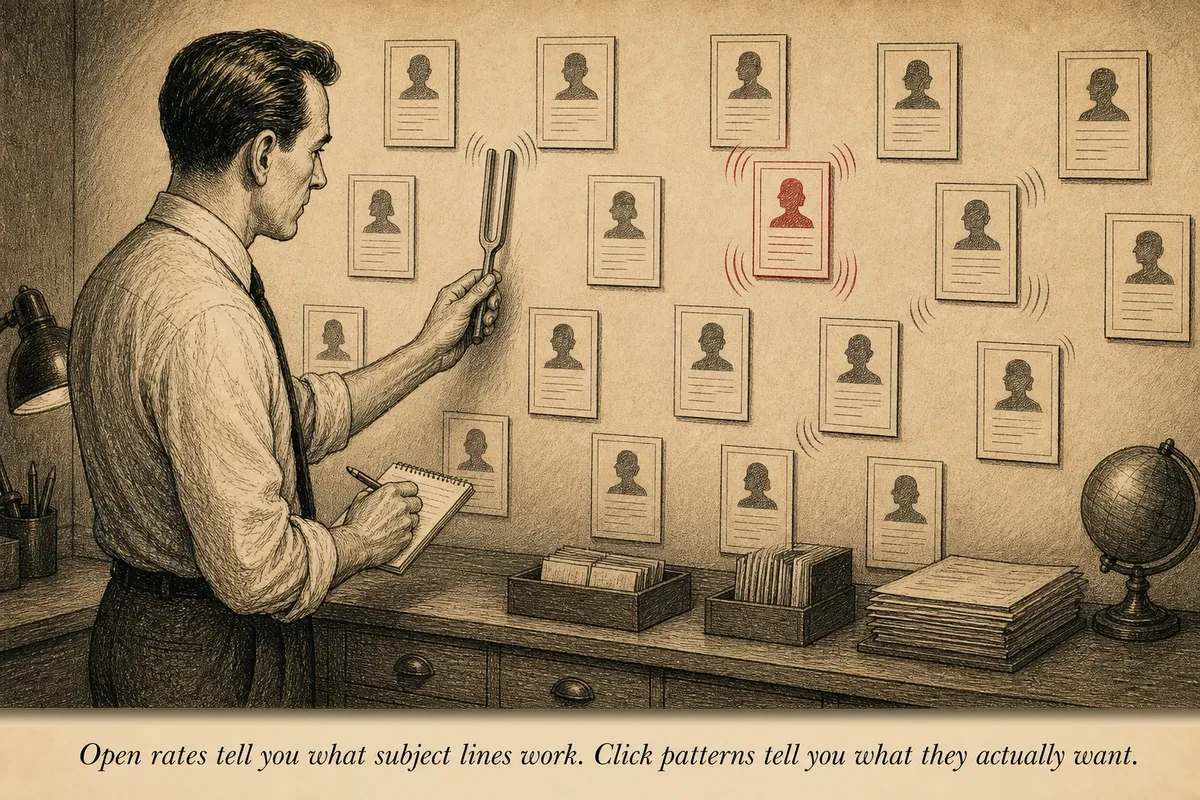 An operator holds a tuning fork against a wall of subscriber cards — some cards vibrate in resonance, others stay still