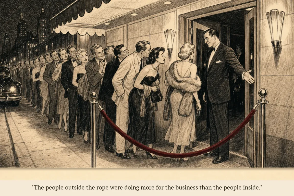 A velvet rope line outside a nightclub, with people on the outside looking more excited than the people walking through the door