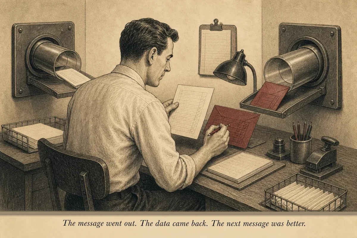 A circular conveyor belt connecting a mailbox to a typewriter — feedback letters go in, sales pages come out, the loop running continuously
