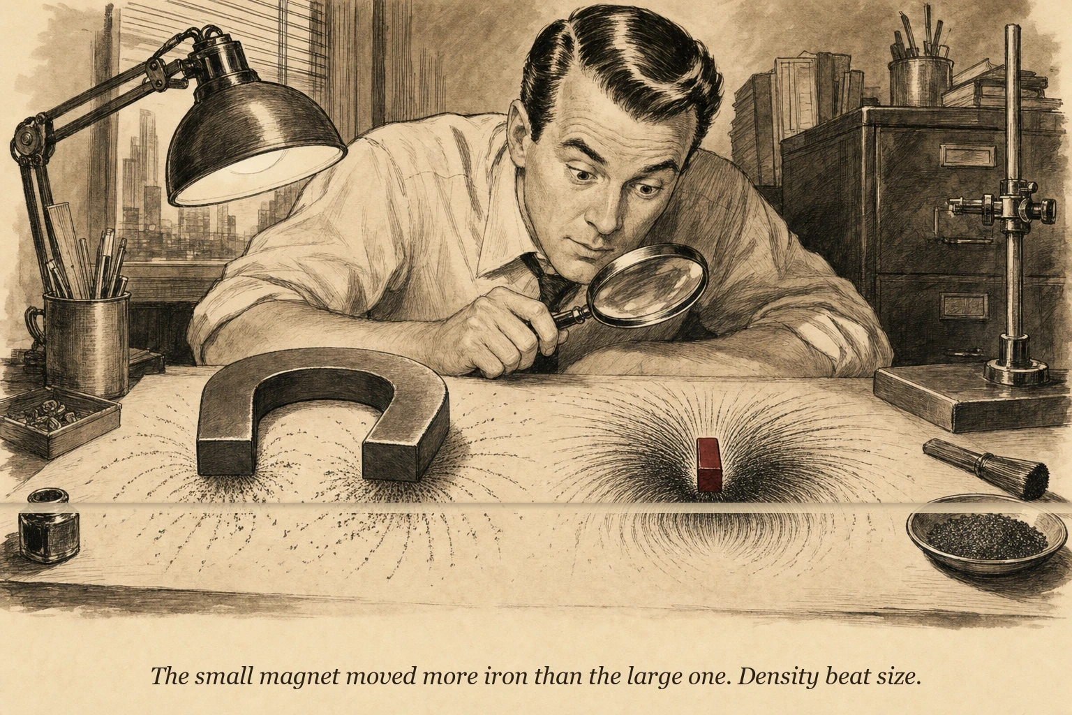 Two magnets side by side — one large with faint, spread-out field lines, the other small with intense, concentrated field lines — the small one clearly more powerful despite its size