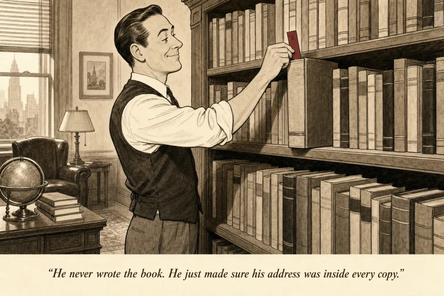 A bookstore. An operator slides a slim bookmark into a thick book on a shelf. The bookmark has tiny printed text.