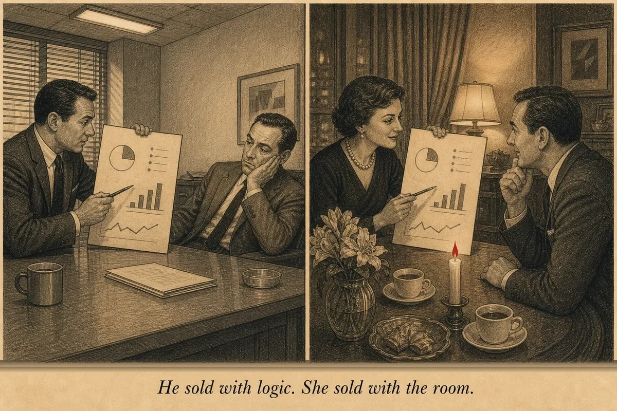 An operator arranges a small elegant showroom with specific lighting, a record player, and a leather armchair while a SaaS founder points at a plain white webpage on a monitor