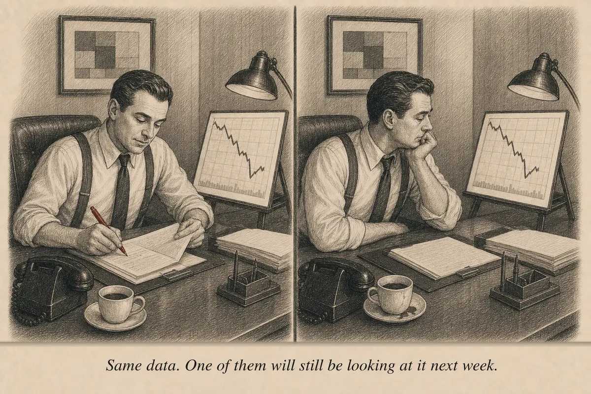 Two identical desks side by side — one operator rewrites an email while consulting a chart, the other stares at the same chart and reaches for his coffee