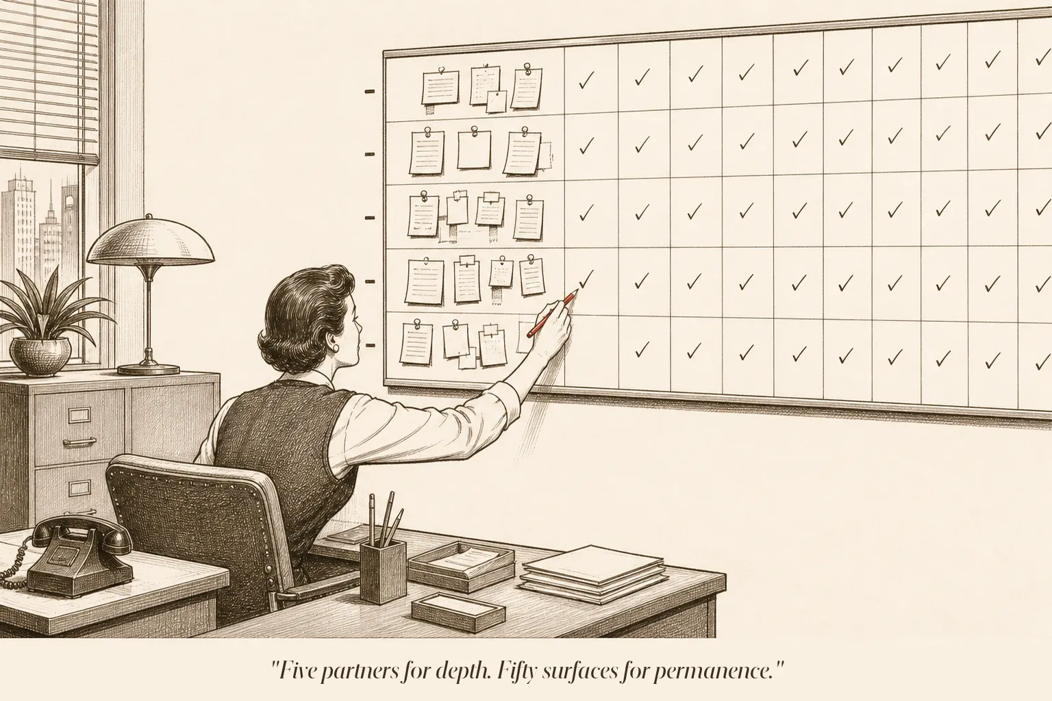 An operator at a desk marking checkmarks on a wall grid. Five detailed partner rows, many simple surface columns.
