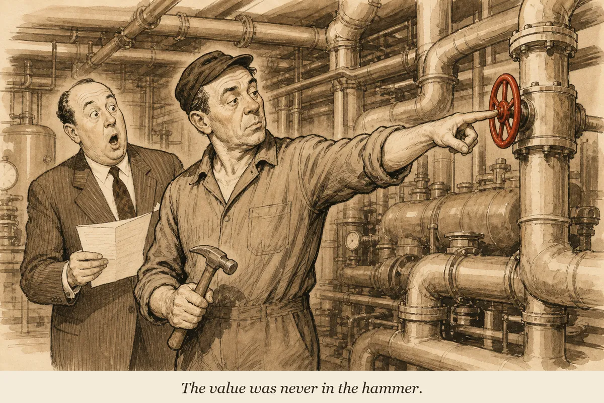 A plumber in coveralls stands in a basement full of pipes, holding a small hammer and pointing at one specific valve while the factory manager stares at the invoice