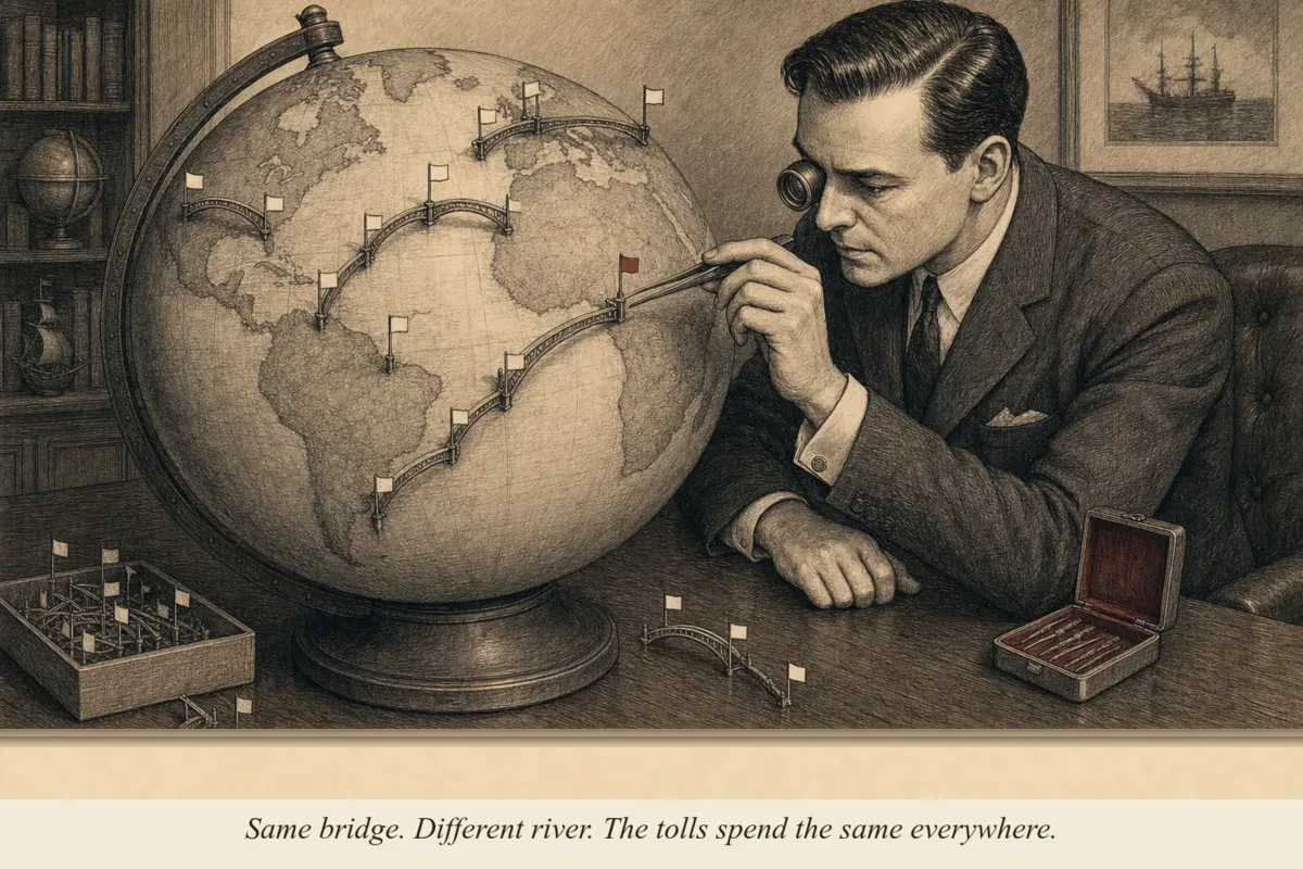 A globe on a desk with small bridges planted between continents, each bridge flying a different flag, while an operator adds another bridge with tweezers