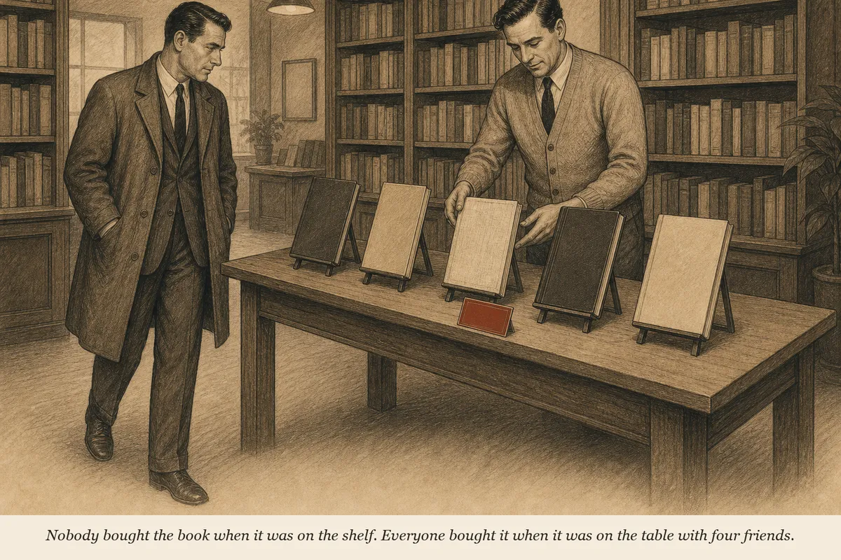 A bookstore owner arranging five books on a front display table under a handwritten 'Staff Picks' sign while a customer reaches for one