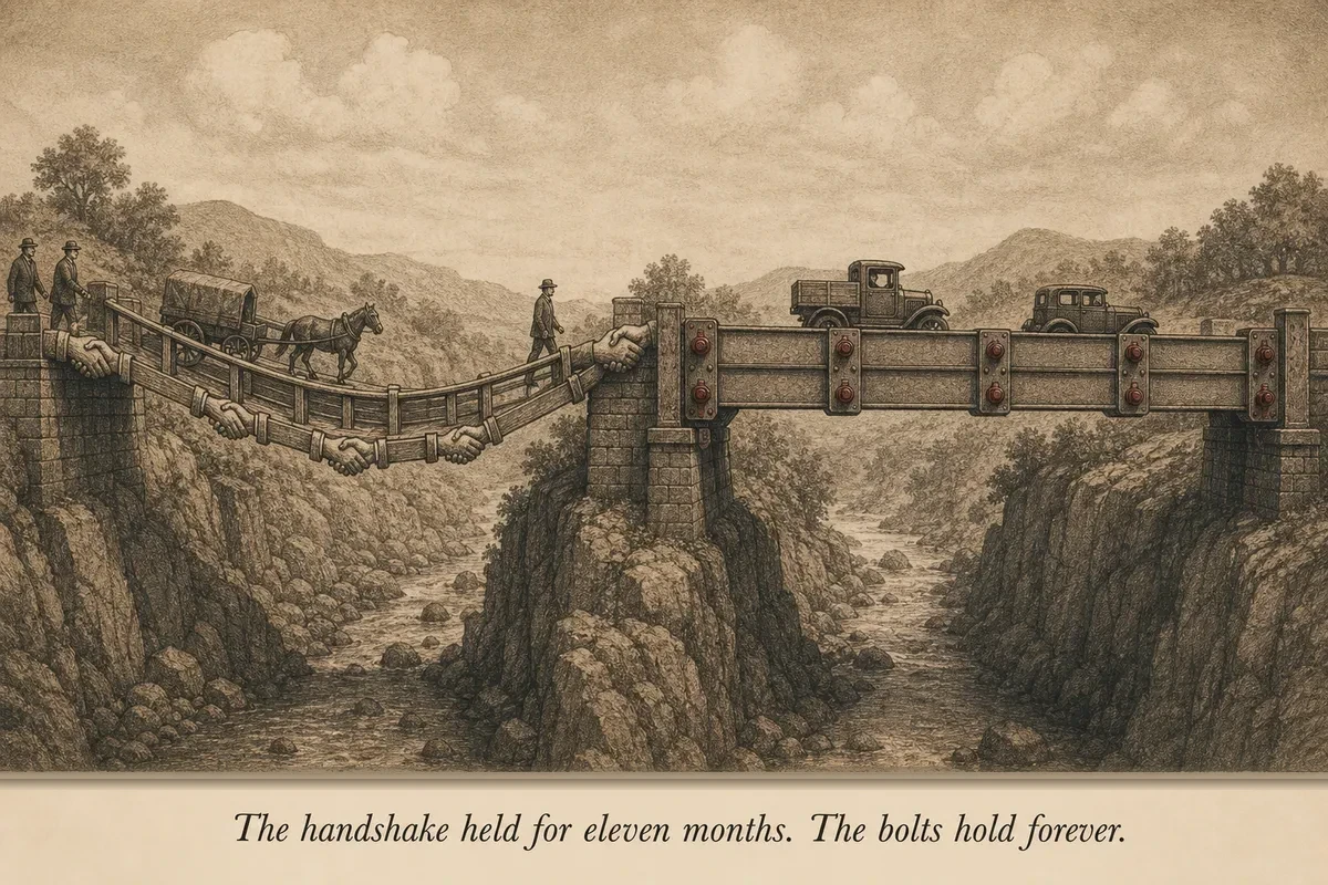Two bridges side by side — one held together by a handshake, the other by steel bolts — traffic flows safely across the bolted bridge while the handshake bridge sags
