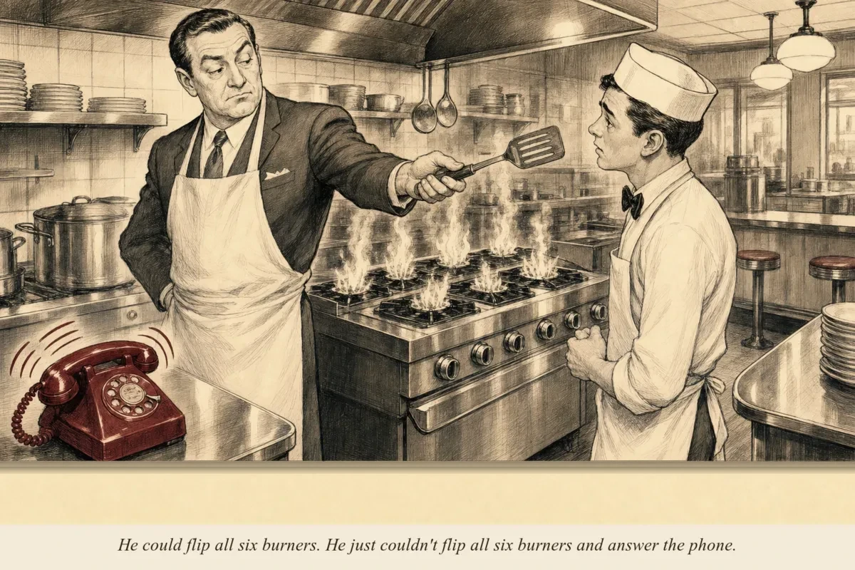 A chef in a pristine kitchen reluctantly handing a spatula to a new hire while six burners flame behind them