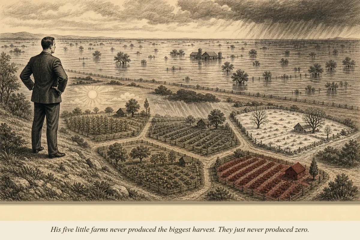A farmer with five small fields in different climates — one sunny, one rainy, one snowy — all producing modest harvests while a neighboring farmer's single giant field floods
