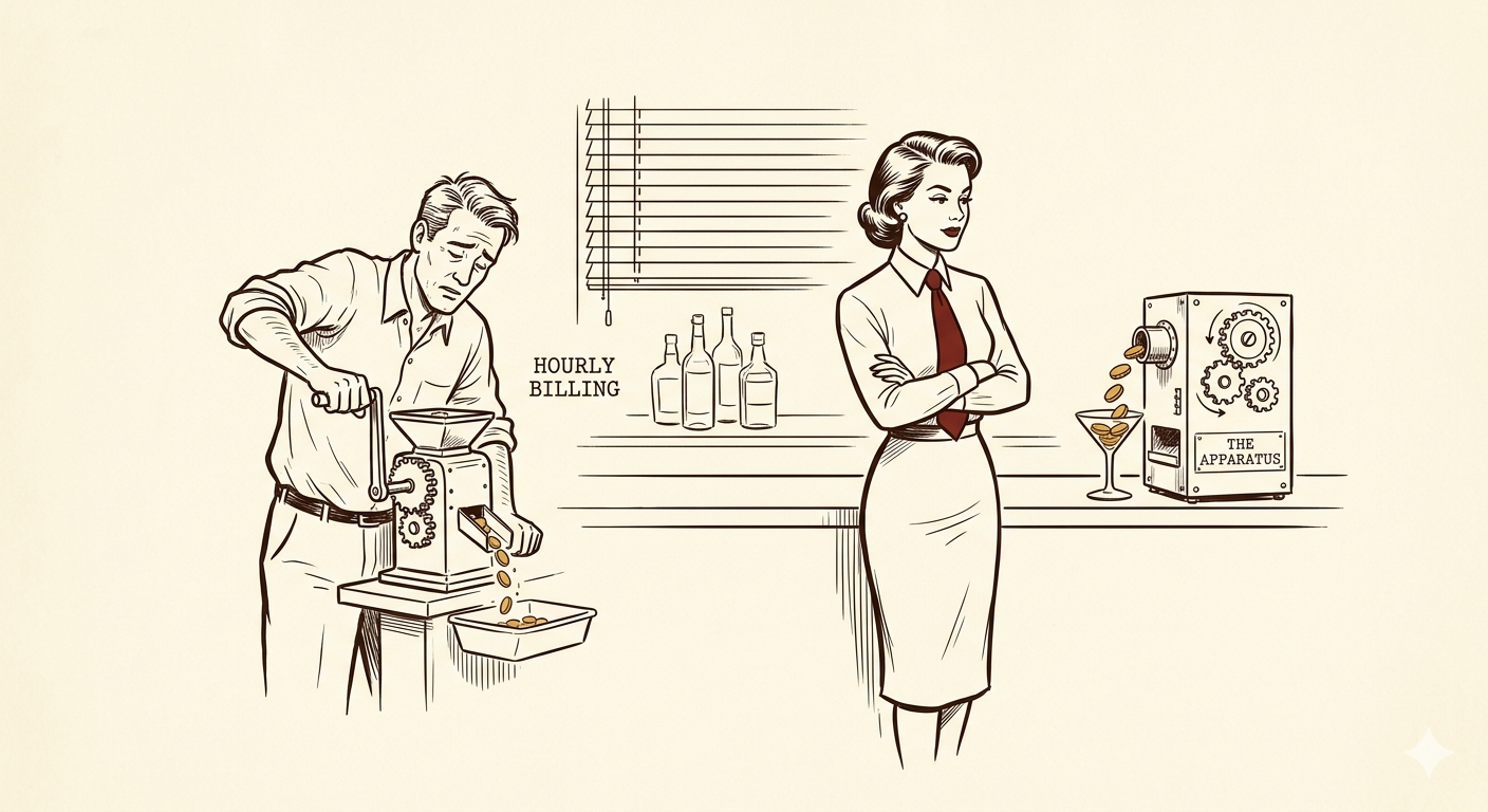 Two professionals at a mid-century bar: one cranking a manual grinder while the other watches a self-running machine dispense coins into a cocktail glass