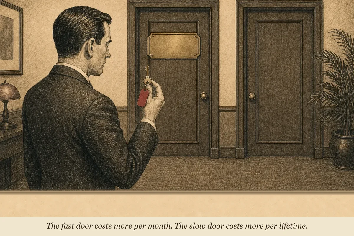 An operator stands between two doors — one labeled 'Build (3 years)' and the other 'Borrow (3 weeks)' — holding a key that says 'Revenue Split'
