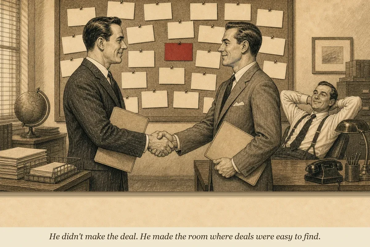 A man in a 1960s suit tends a large corkboard labeled 'Exchange' while two operators shake hands in front of it, folders under their arms