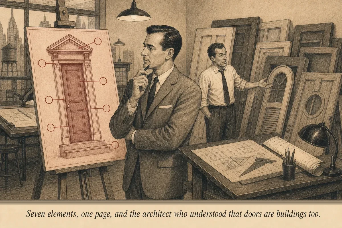 An architect presents blueprints for a single doorway with seven precisely labeled structural components while a SaaS founder gestures at a pile of doors stacked against the wall
