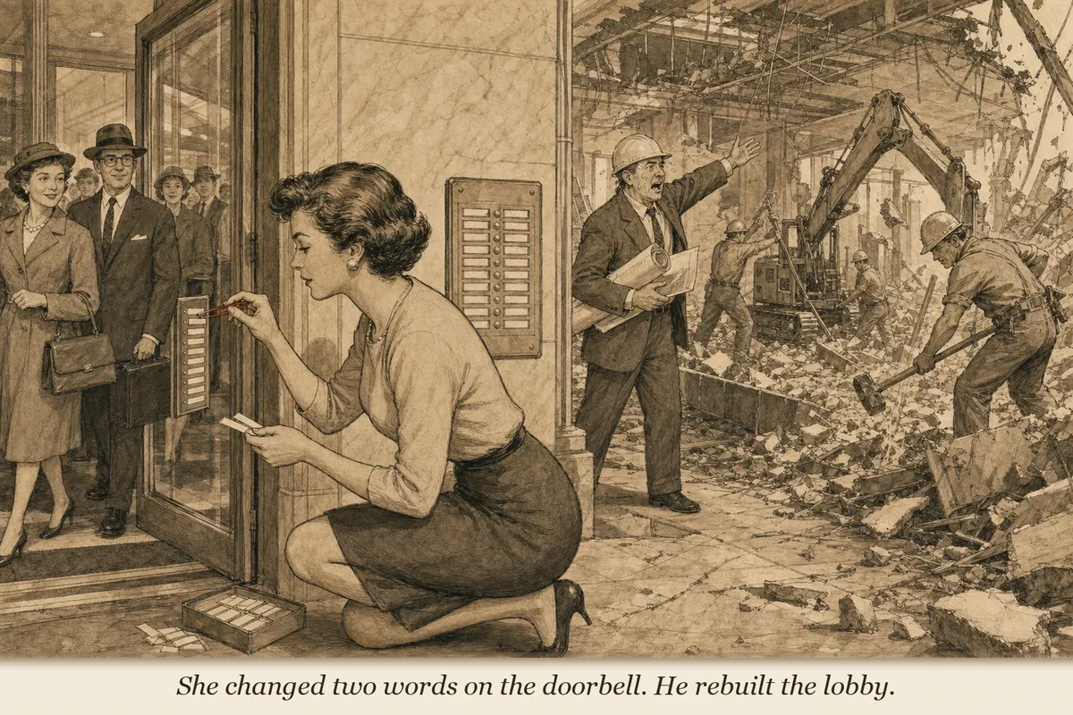 A copywriter at a desk carefully adjusting tiny letters on a doorbell while an architect behind them redesigns the entire building