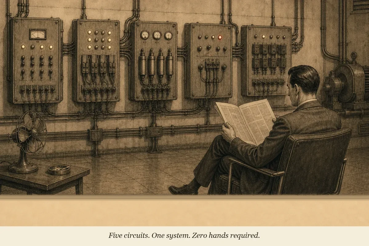 An operator watches a series of connected circuits on a wall panel, each circuit feeding into the next, the whole system humming without anyone touching it