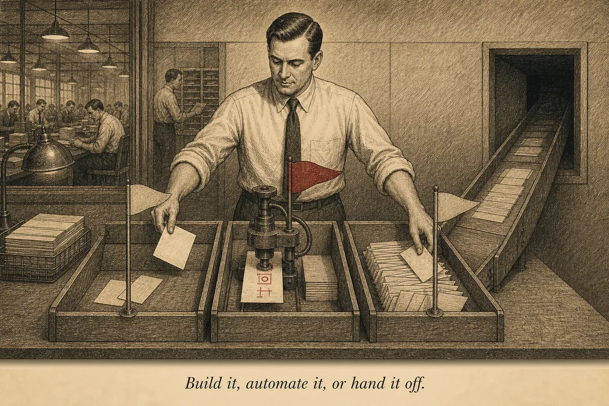 An operator at a three-lane sorting table directing tasks into bins labeled with different colored flags — some tasks go left, some right, some stay in the middle