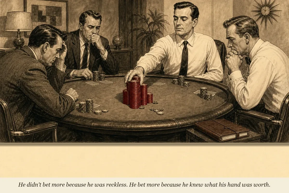 A poker player calmly pushing a very large chip stack into the center of the table while three other players with much smaller stacks stare at them — the player has a small ledger open beside their chair
