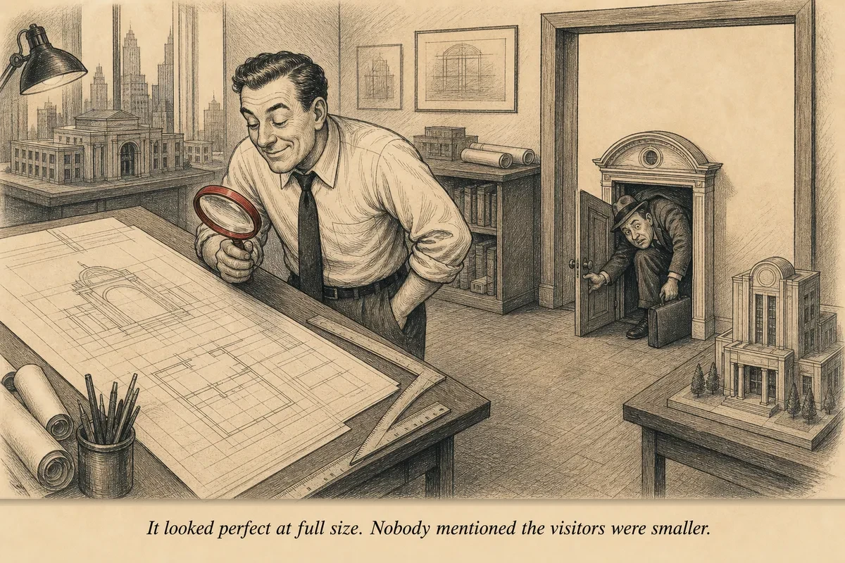 An architect examines a blueprint through a magnifying glass while behind him a person tries to squeeze through a door built at one-quarter scale