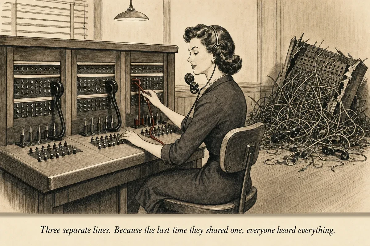 An operator stands at a switchboard with three separate phone lines, each labeled with a different name, while a tangled mess of crossed wires sits in the corner