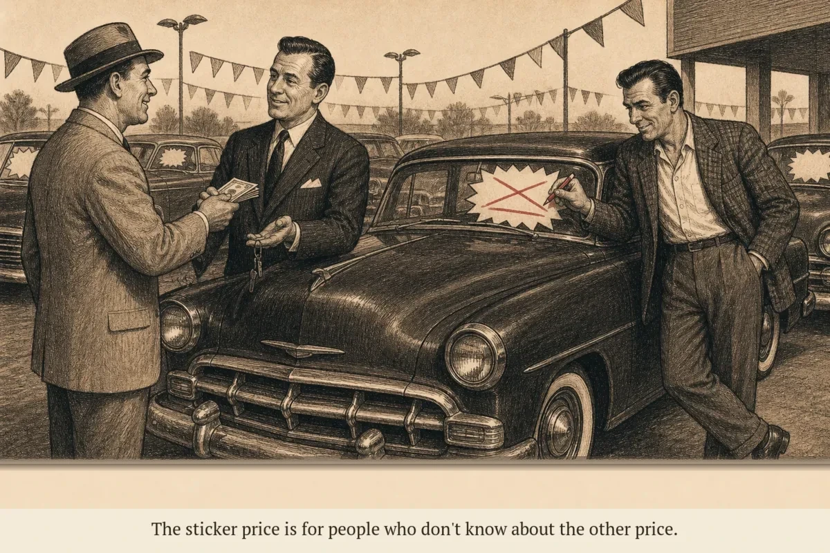 Two professionals at a mid-century car lot: one paying sticker price from a sign, the other leaning on the car with a pen crossing out the price