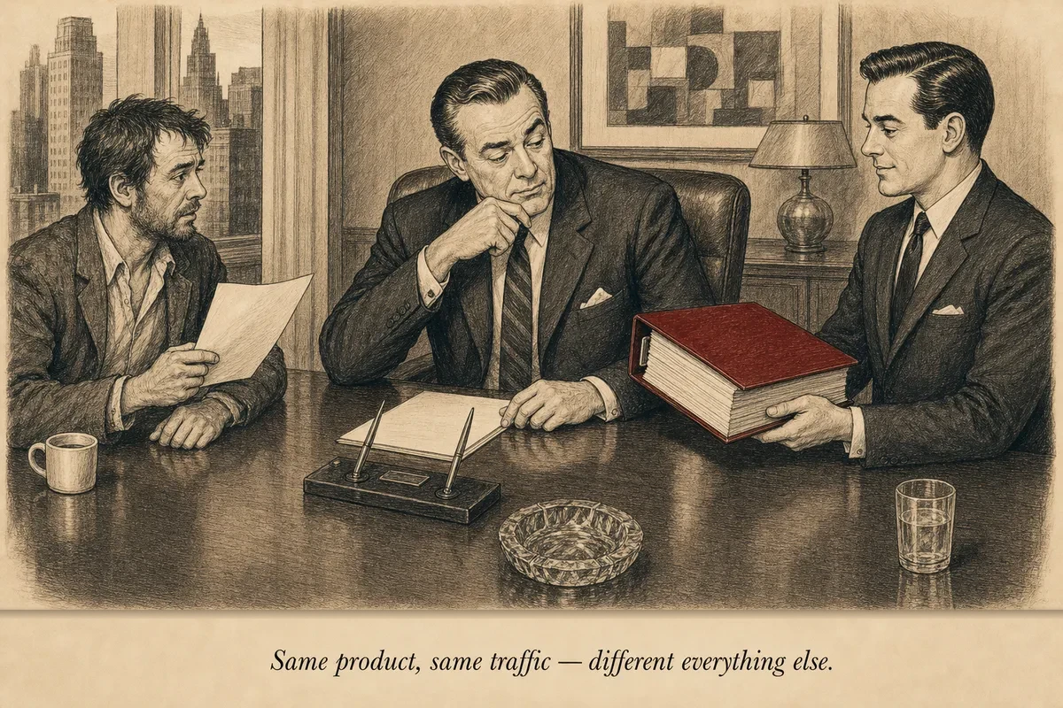 Two men at a negotiating table, one with a thin folder marked 'affiliate link' and the other with a thick binder marked 'infrastructure,' the merchant studying both
