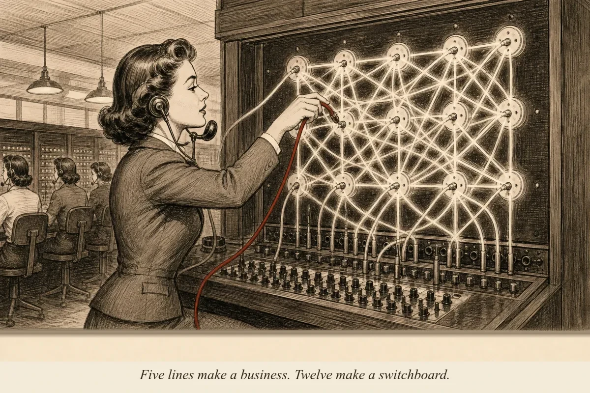 A switchboard operator connecting lines between a grid of partners, with glowing lines multiplying between every connection