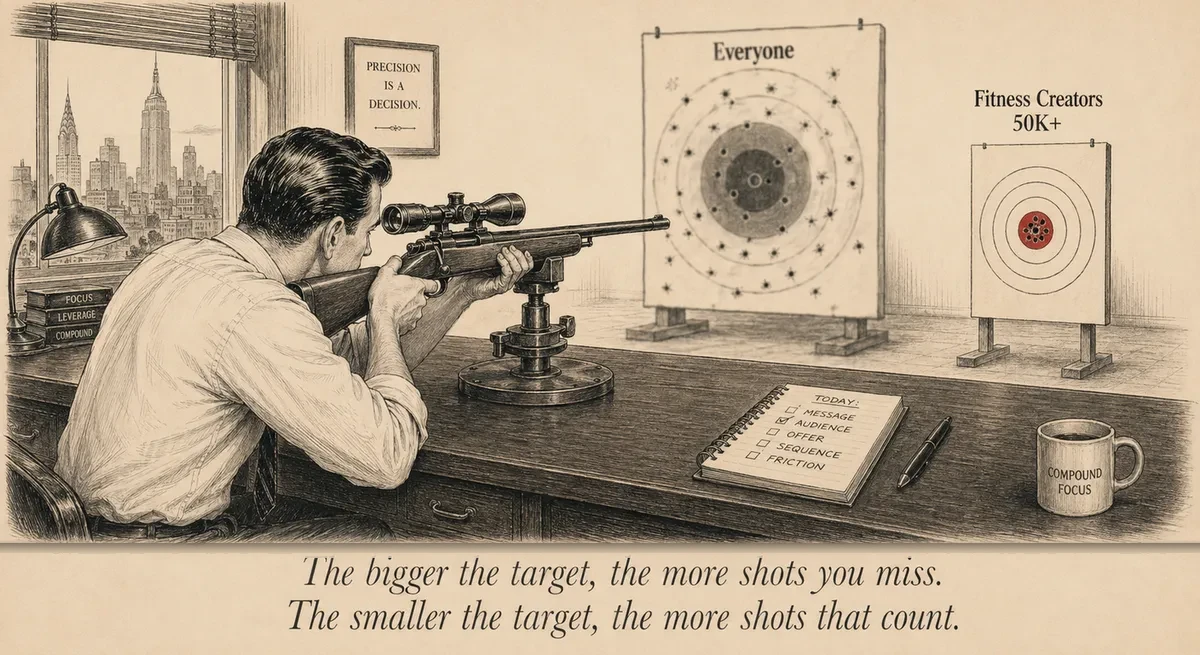 An operator squints through a rifle scope mounted on a desk, aiming at a series of targets — a massive blurry one labeled 'Everyone' is missed, while a smaller precise one labeled 'Fitness Creators 50K+' has a tight cluster of holes in the center