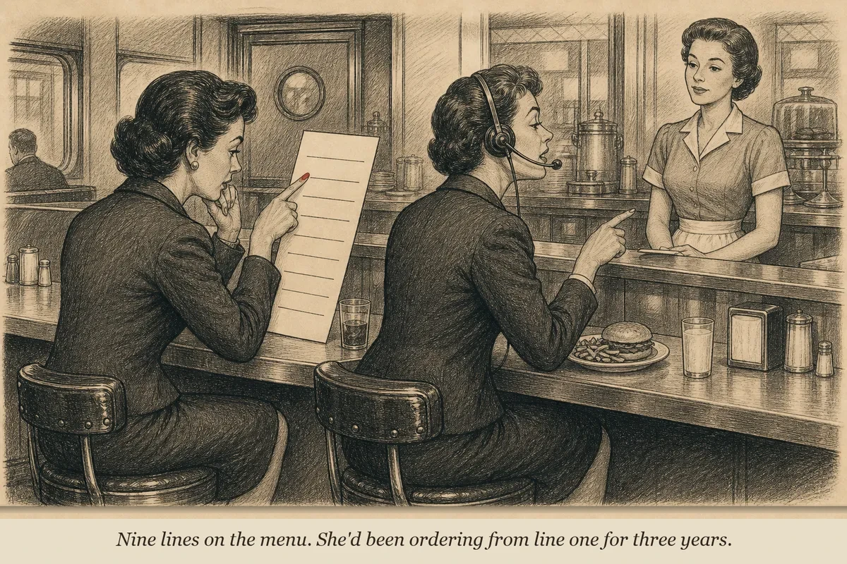 An operator at a diner counter studying a menu with nine pricing options while the person next to her orders the same thing she always orders