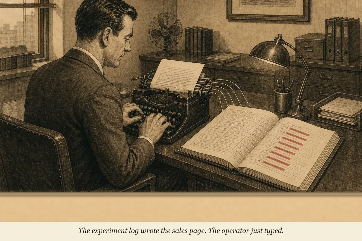 An operator at a typewriter with an experiment log open beside it, typing a sales page whose words are pulled directly from highlighted lines in the log