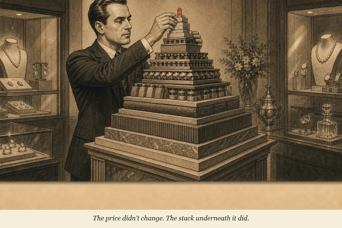 A jeweler carefully stacking layers of value on a display pedestal until the price tag at the top feels small by comparison