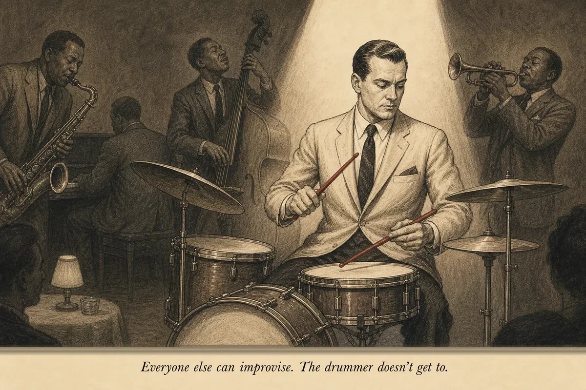A jazz drummer under a spotlight behind a large kit — the sheet music on the stand reads CADENCE — band members improvise freely around him while he holds time