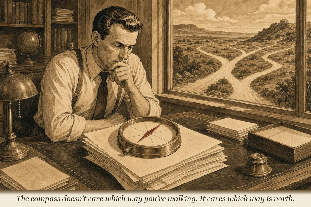 An operator holds a compass over a list of tasks — the compass needle swings wildly between entries, pointing strongly at some and barely registering others