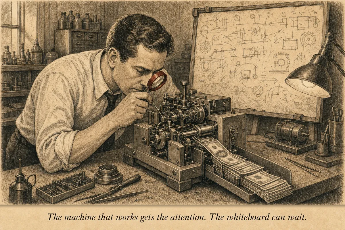 An operator at a workbench with a magnifying glass, making a tiny adjustment to a machine that already has a stack of revenue pouring out of it — while behind him, a whiteboard covered in sketches for a brand-new machine collects dust
