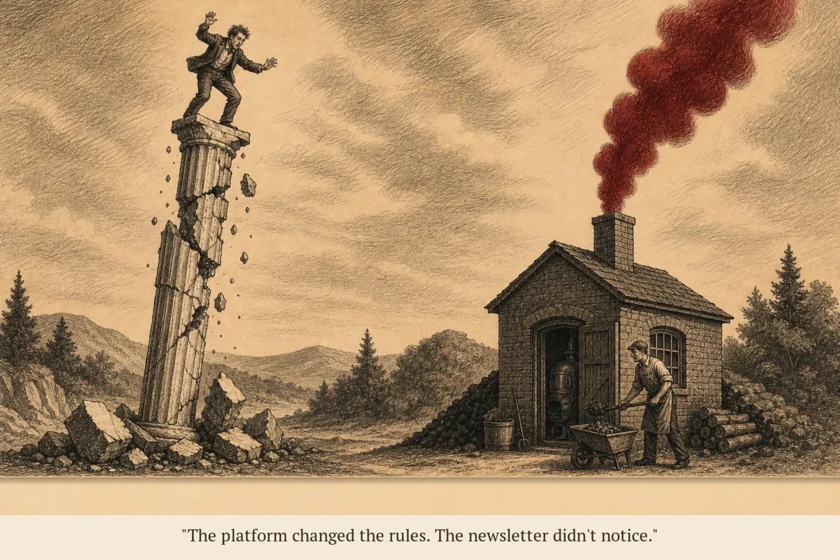 A creator standing on a crumbling social media platform while an operator below tends a small but sturdy brick newsletter building