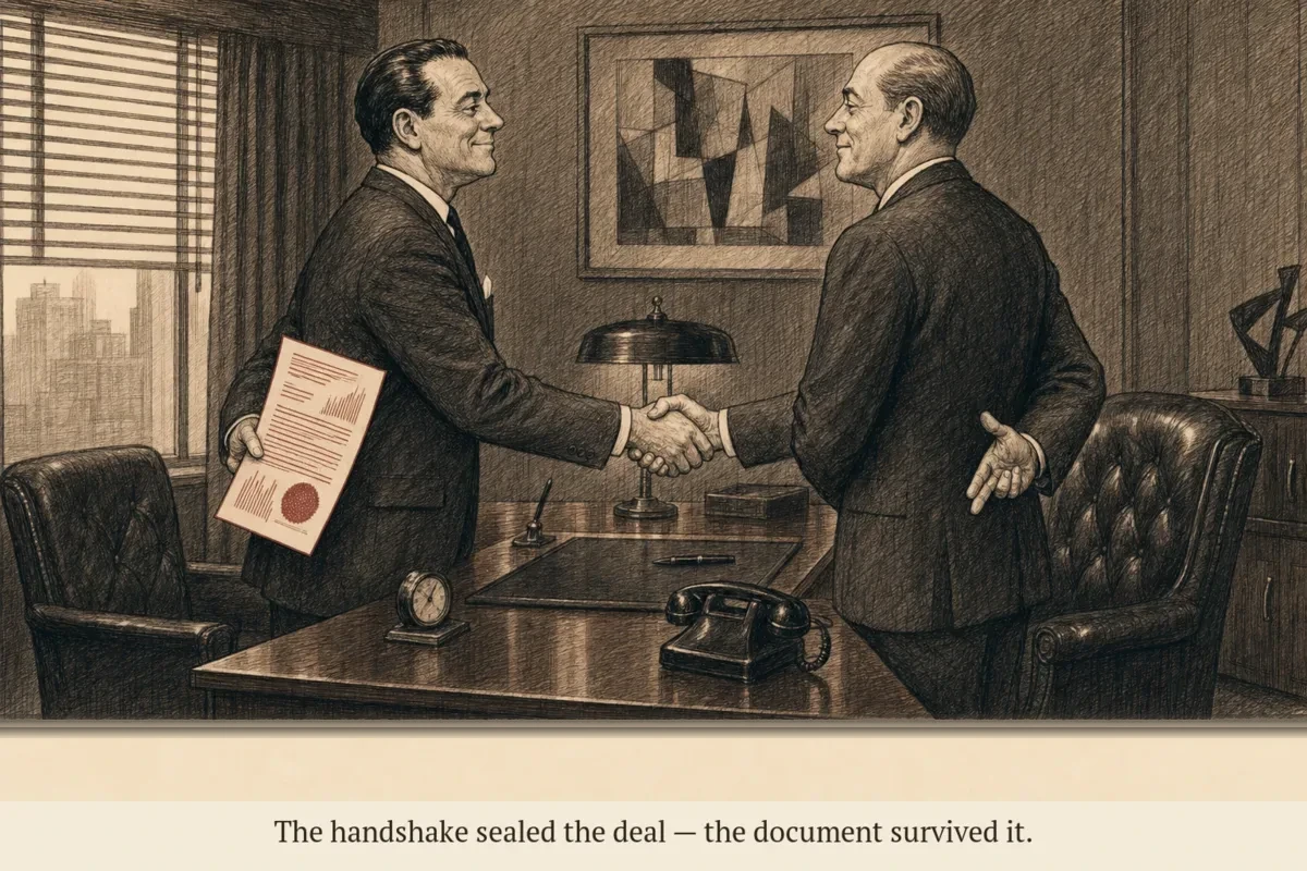 Two businessmen shake hands across a desk while one has crossed fingers behind his back and the other holds a single-page contract behind his