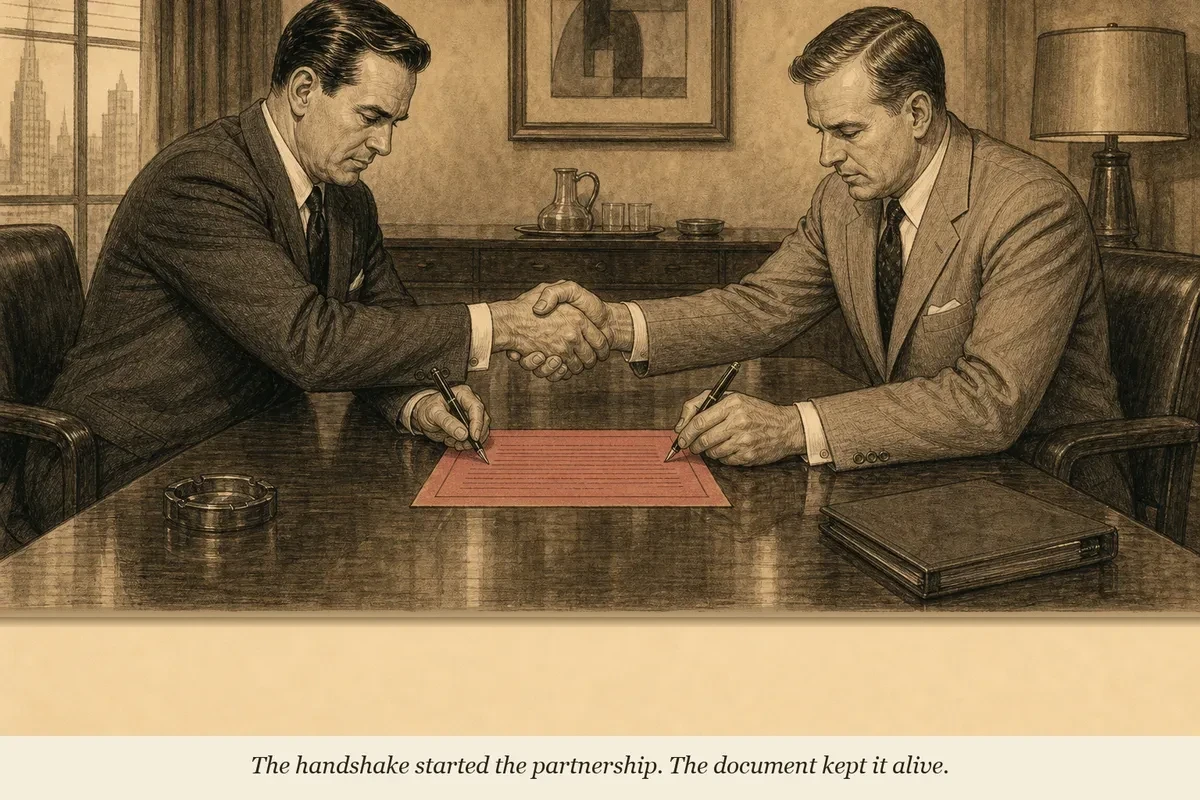 Two operators shaking hands across a desk while simultaneously signing a single-page document between them — neither looking at their hand, both looking at the document