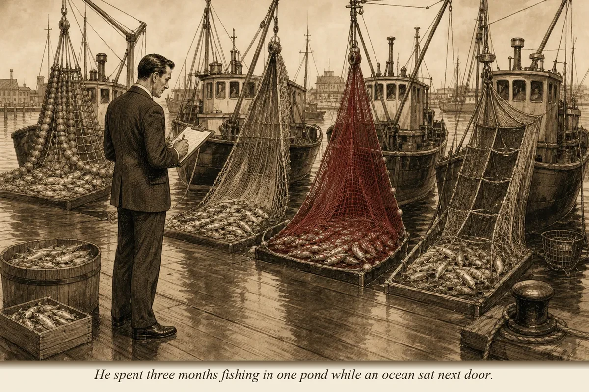 An operator standing at a harbor dock with four different fishing boats, each with a different net design, examining the catch in each one