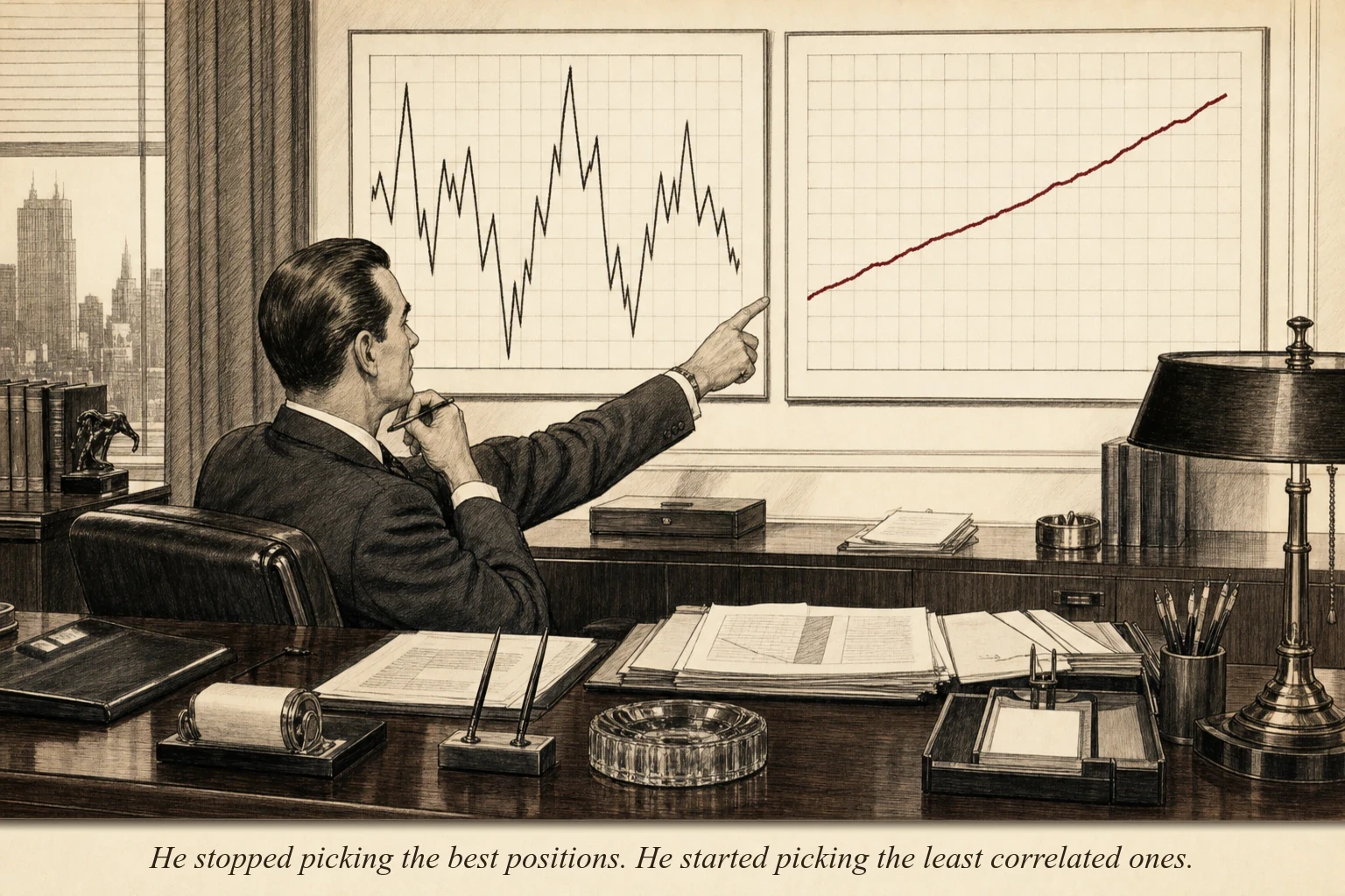 An operator at a desk with two charts — one showing wild, jagged revenue from a single position, the other showing a smooth, steady line from a diversified portfolio