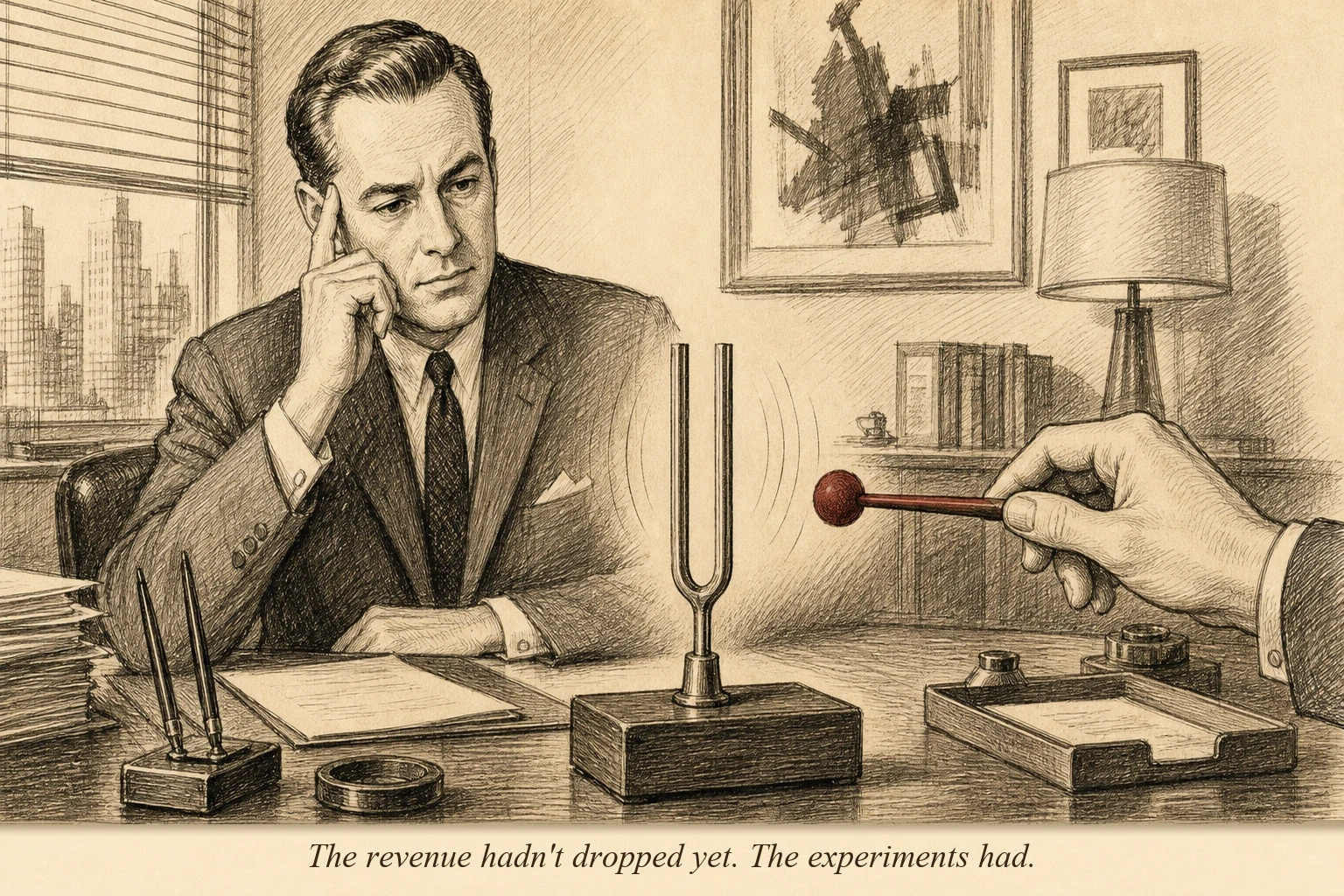 A tuning fork on a desk gradually losing its vibration — the wave lines around it fading — while a hand reaches in from the side to strike it again before it goes silent