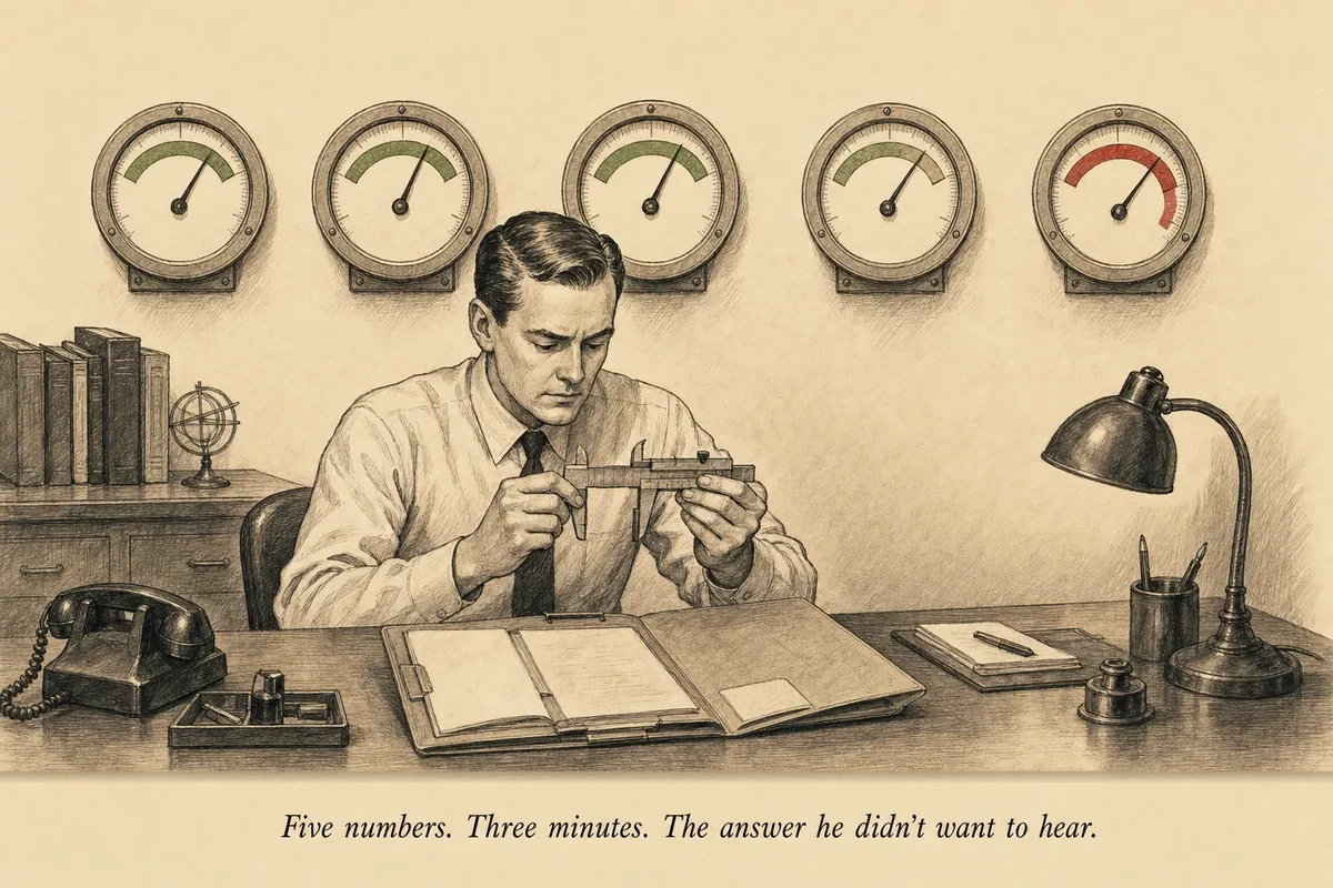 An operator holds a small measuring device against a creator while five numbered gauges behind them show various readings