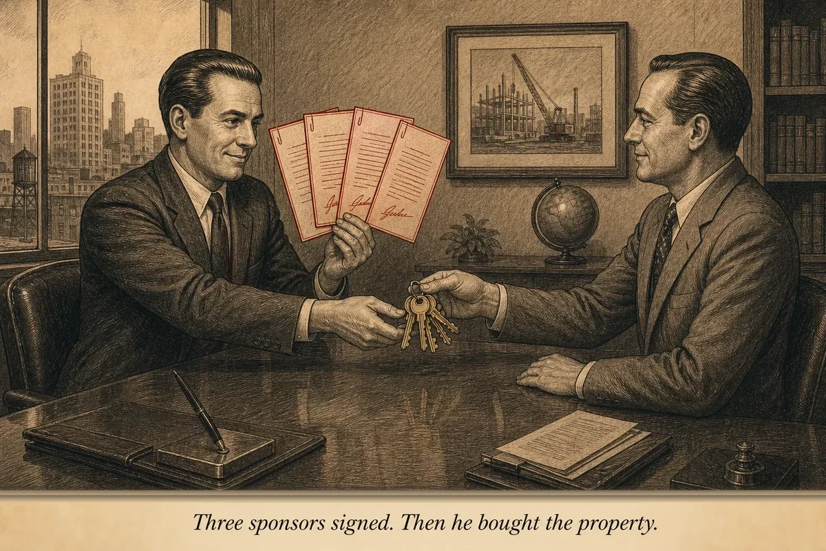 An operator at a negotiating table holding signed sponsor contracts in one hand while accepting property keys with the other — the contracts arrived before the keys