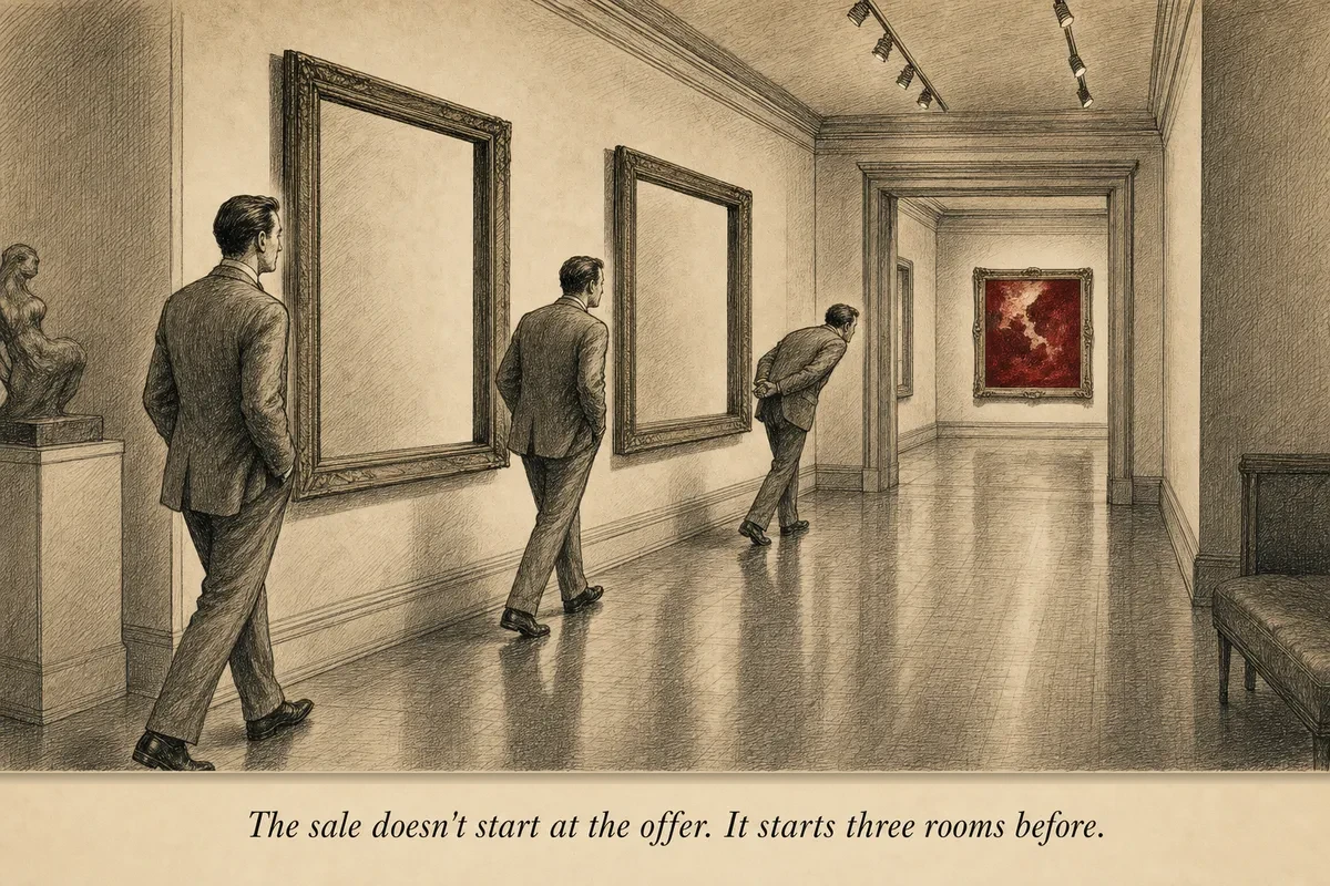 An operator setting up a series of three frames in a gallery hallway that a visitor walks through before reaching the painting at the end — each frame changes how they see the final piece
